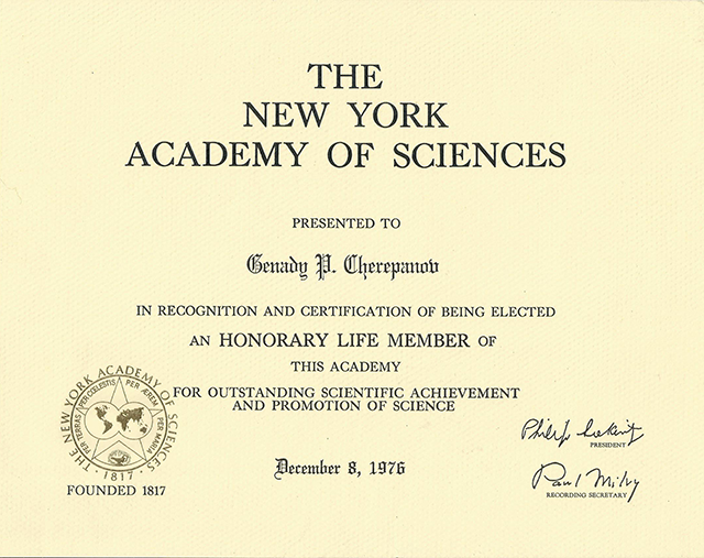 Dr. Cherepanov's New York Academy of Sciences membership, 1976
