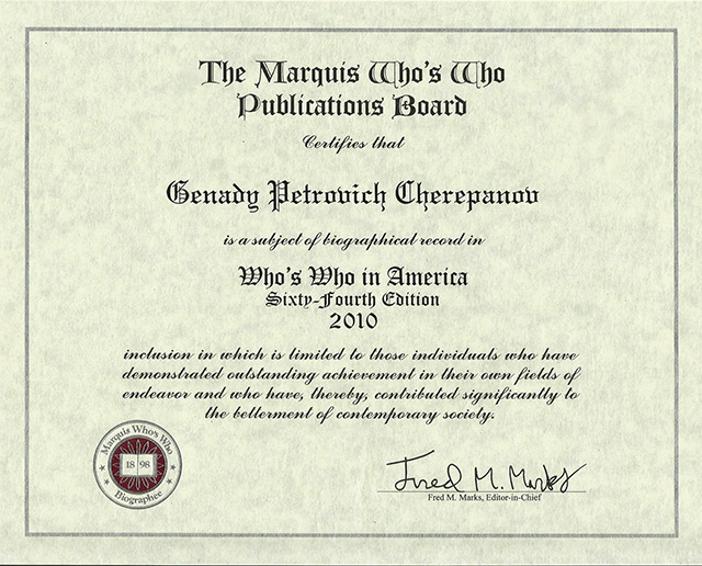 Dr. Cherepanov in Marquis Who's Who in America